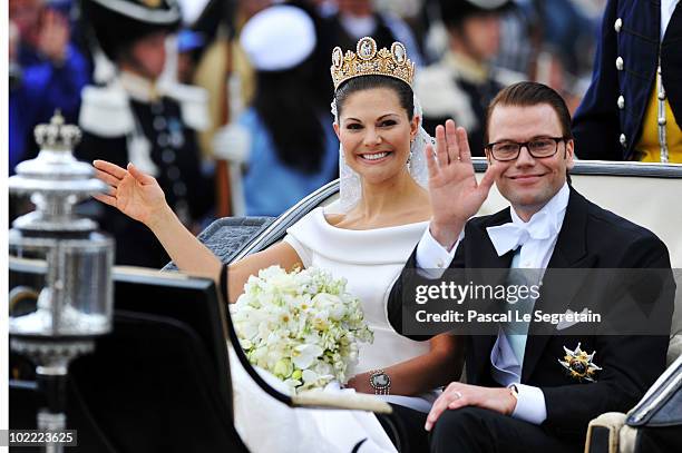 Crown Princess Victoria of Sweden, Duchess of Västergötland, and her husband Prince Daniel, Duke of Västergötland, are seen after their wedding...