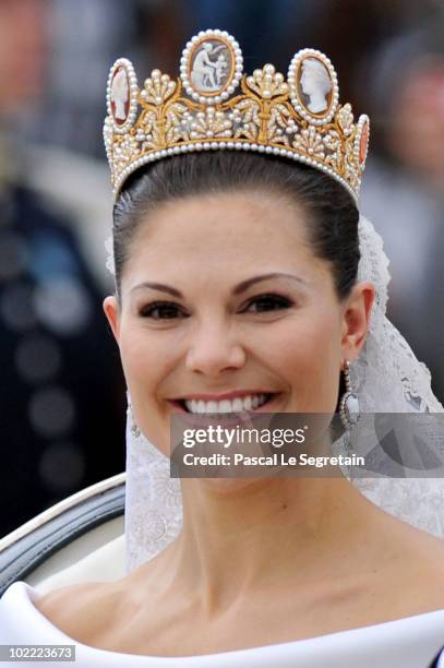 Crown Princess Victoria of Sweden, Duchess of Västergötland, is seen after their wedding ceremony on June 19, 2010 in Stockholm, Sweden.