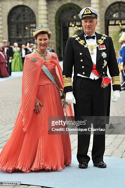 Queen Sonja of Norway and king Harald of Norway attend the Wedding of Crown Princess Victoria of Sweden and Daniel Westling on June 19, 2010 in...