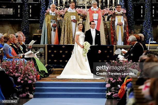 Crown Princess Victoria of Sweden, Duchess of Västergötland, and her husband Prince Daniel, Duke of Västergötland, are seen during their wedding...