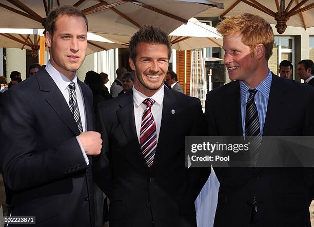 Prince William poses with David Beckham and Prince Harry at an FA reception at the Saxon Hotel on June 19, 2010 in Johannesberg, South Africa.