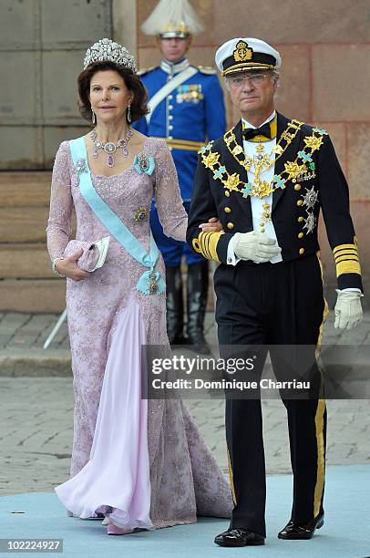Queen Silvia of Sweden and King Carl Gustaf of Sweden attend the wedding of Crown Princess Victoria of Sweden and Daniel Westling on June 19, 2010 in...