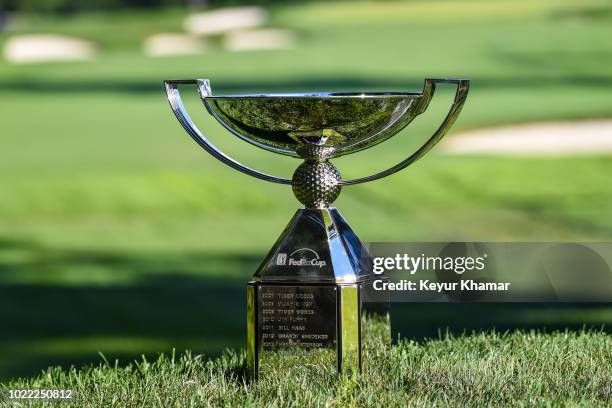 The FedExCup trophy is displayed on the first hole tee box during the first round of THE NORTHERN TRUST at Ridgewood Country Club on August 23, 2018...