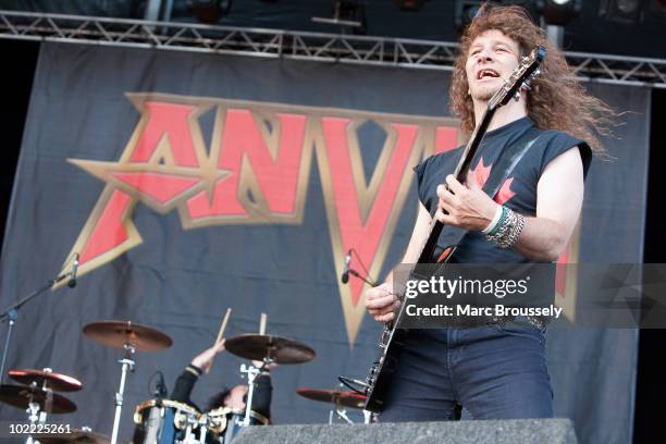 Steve "Lips" Kudlow of Anvil performs on stage at Hellfest Festival on June 19, 2010 in Clisson, France.