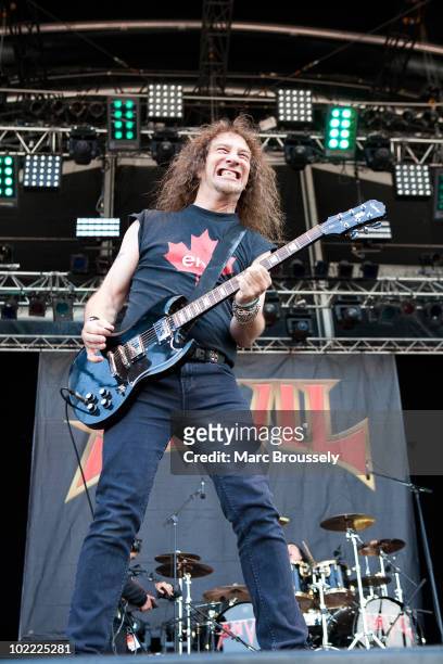 Steve "Lips" Kudlow of Anvil performs on stage at Hellfest Festival on June 19, 2010 in Clisson, France.