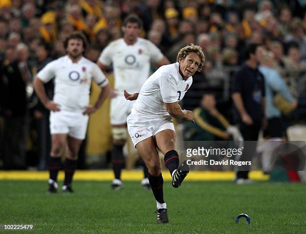 Jonny Wilkinson of England kicks a penalty during the Cook Cup Test Match between the Australian Wallabies and England at ANZ Stadium on June 19,...