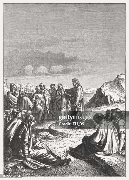 sermon on the mount (matthew 5-7), wood engraving, published 1888 - jesus teaching stock illustrations
