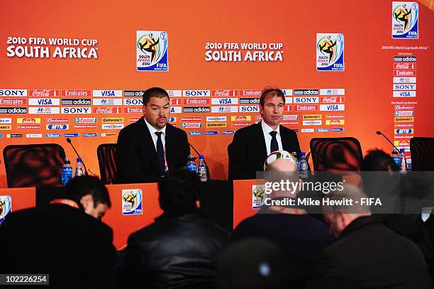 Pim Verbeek head coach of Australia attends a press conference after the 2010 FIFA World Cup South Africa Group D match between Ghana and Australia...