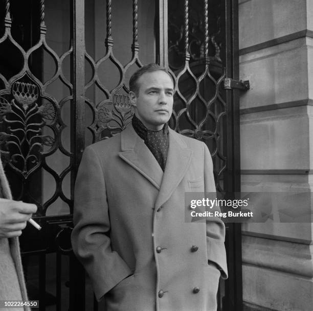 American actor and film director Marlon Brando near South Africa House, Trafalgar Square, London, UK, 10th February 1964.