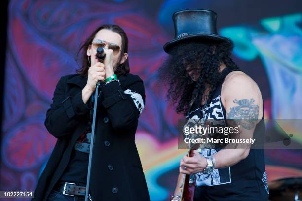 Myles Kennedy and Slash perform on stage at Hellfest Festival on June 19, 2010 in Clisson, France.