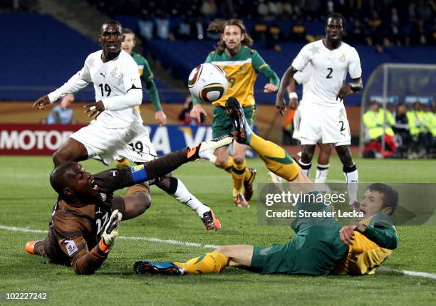 Richard Kingson of Ghana saves a shot by Nikita Rukavytsya of Australia during the 2010 FIFA World Cup South Africa Group D match between Ghana and...