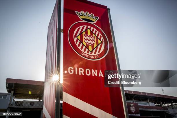 The club crest is displayed on a banner at Estadi Montilivi, home stadium of Girona Futbol Club S.A.D., in Girona, Spain, on Tuesday, Aug 7, 2018....