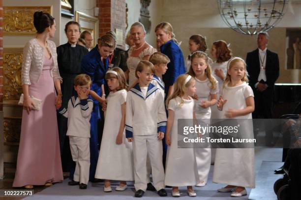 Page Boys Ian De Geer, Prince Christian, flower girls Princess Ingrid Alexandra, Princess Catharina-Amalia, Vera Blom and Leopold Sommerlath attend...