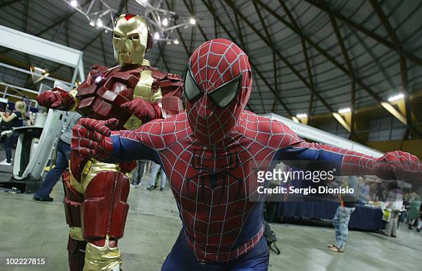 Ironman and Spiderman pose for photos during the National Cosplay Championships as part of the Supanova Pop Culture Expo at the Dome at Olympic Park...