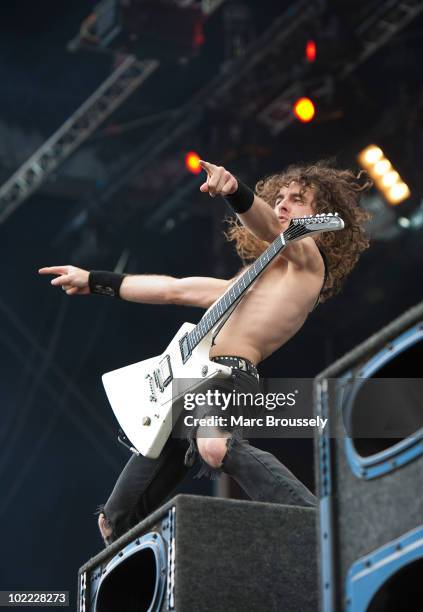 Joel O'Keeffe of Airbourne performs on stage at Hellfest Festival on June 19, 2010 in Clisson, France.