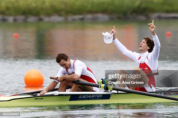 Raphael Jeanneret and Simon Schuerch of Switzerland celebrate after winning the men's lightweight pairs final during the FISA Rowing World Cup on...