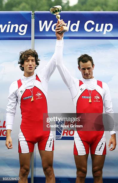 Raphael Jeanneret and Simon Schuerch of Switzerland celebrate after winning the men's lightweight pairs final during the FISA Rowing World Cup on...