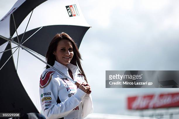 The grid girl of Team LCR Honda MotoGP poses during the pit walk of British Grand Prix at Silverstone Circuit on June 19, 2010 in Northampton,...