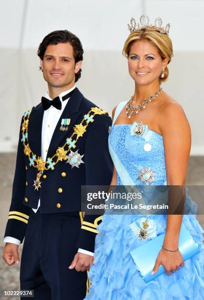 Princess Madeleine of Sweden and Prince Carl Philip of Sweden arrive to attend the Wedding Banquet for Crown Princess Victoria of Sweden and her...