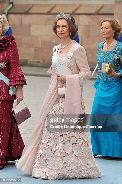 Queen Sofia of Spain attends the wedding of Crown Princess Victoria of Sweden and Daniel Westling on June 19, 2010 in Stockholm, Sweden.