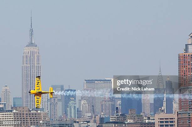 Nigel Lamb of Great Britain in action on the Hudson River during the Red Bull Air Race New York Qualifying Day on June 19, 2010 in New Jersey.