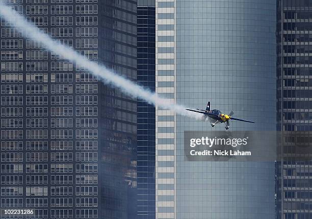 Peter Besenyei of Hungary in action on the Hudson River during the Red Bull Air Race New York Qualifying Day on June 19, 2010 in New Jersey.