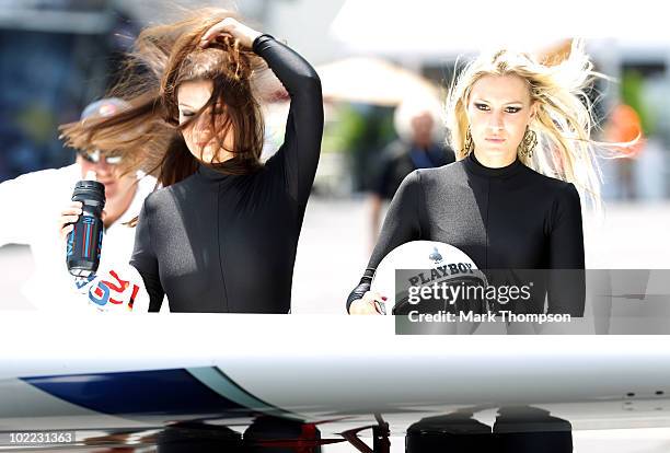 Dolderer Matthias of Germany heads towards the runway with his playboy girls at the Race Airport during the Red Bull Air Race New York Qualifying Day...