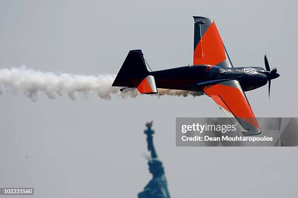 Nicolas Ivanoff of France in action on the Hudson River during the Red Bull Air Race New York Qualifying Day on June 19, 2010 in New Jersey.