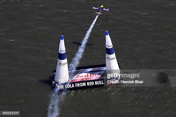 Peter Besenyei of Hungary in action on the Hudson River during the Red Bull Air Race New York Qualifying Day on June 19, 2010 in New Jersey.