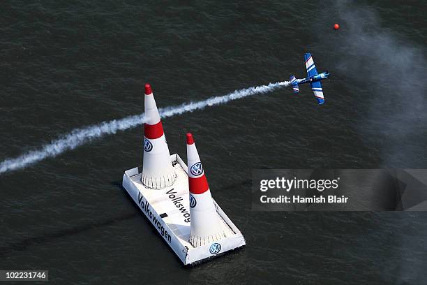 Sergey Rakhmanin of Russia in action on the Hudson River during the Red Bull Air Race New York Qualifying Day on June 19, 2010 in New Jersey.