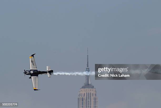 Alejandro Maclean of Spain in action on the Hudson River during the Red Bull Air Race New York Qualifying Day on June 19, 2010 in New Jersey.