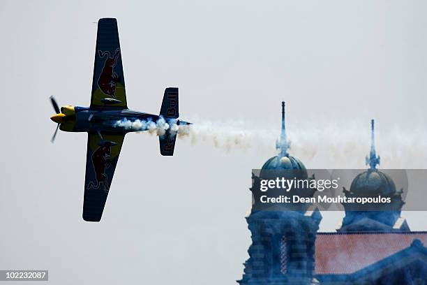 Peter Besenyei of Hungary in action on the Hudson River during the Red Bull Air Race New York Qualifying Day on June 19, 2010 in New Jersey.