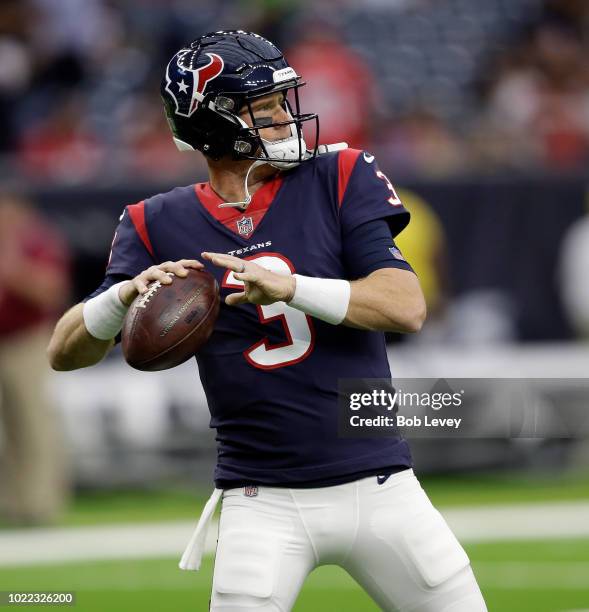 Brandon Weeden of the Houston Texans warms up before a preseason football game against the San Francisco 49ers at NRG Stadium on August 18, 2018 in...