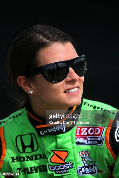 Danica Patrick, driver of the Team Godaddy.com Andretti Autosport Dallara Honda, sits on the pit wall during qualifying for the IRL Indycar Series...