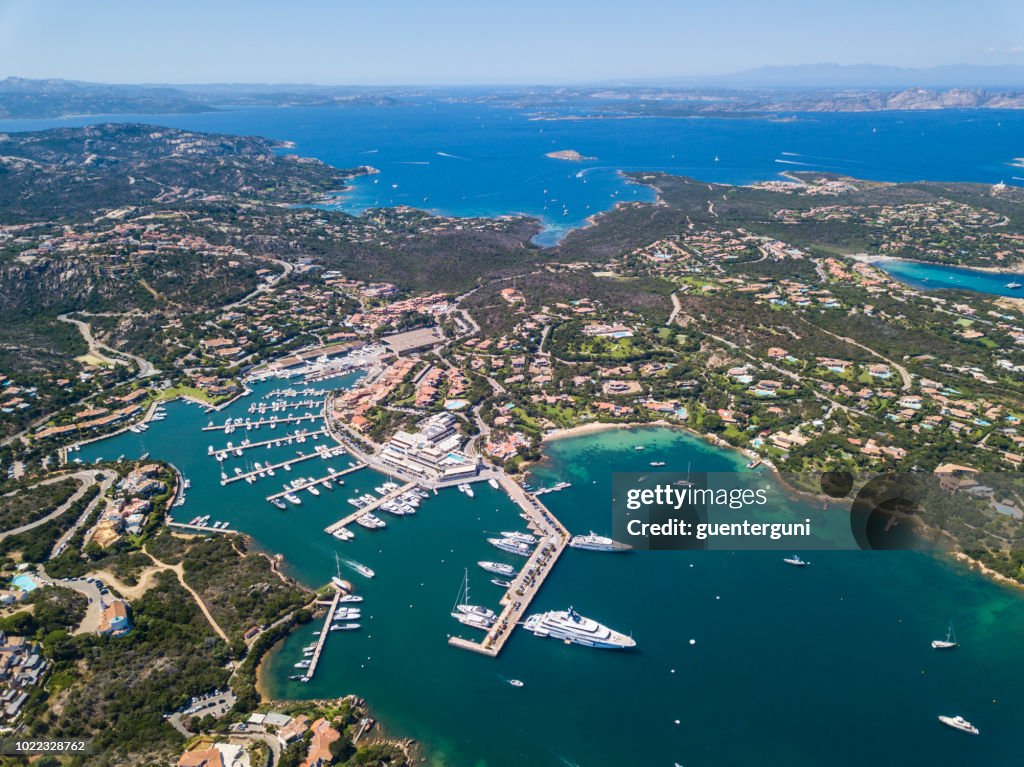 Aerial view of the luxury marina, Porto Cervo, Sardinia, Italy