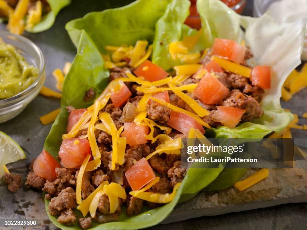 low carb - lettuce wrap beef taco - ground beef burrito stock pictures, royalty-free photos & images