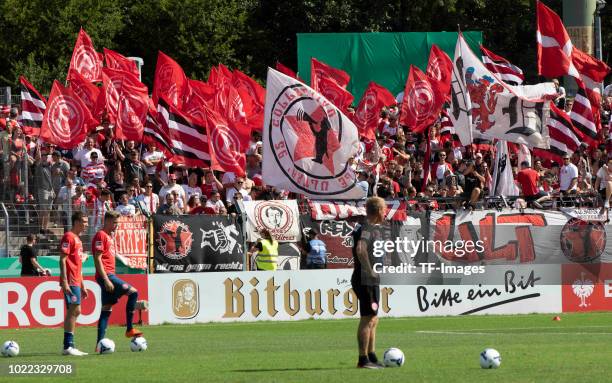 Supporters of Duesseldorf are seen during the DFB Cup first round match between TuS RW Koblenz and Fortuna Duesseldorf at Stadion Oberwerth on August...