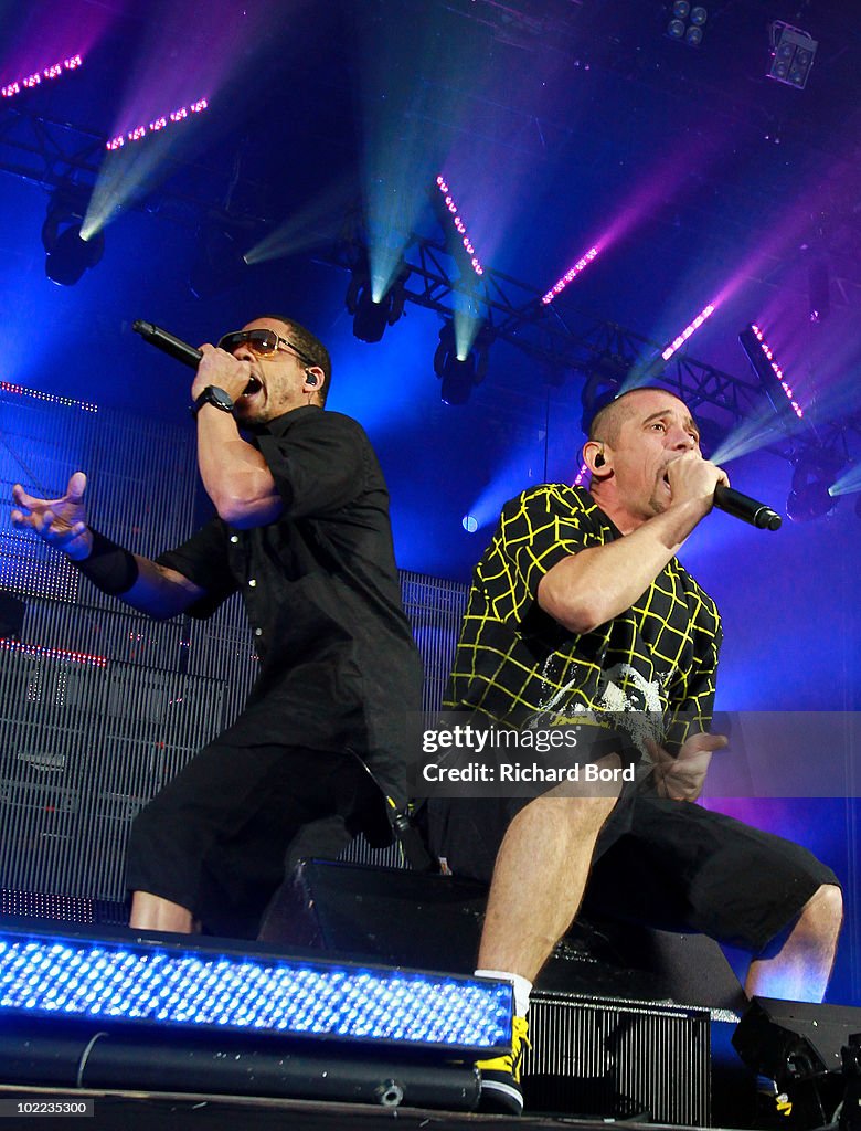 Ntm Rappers Joey Starr and Kool Shen of French Rap band NTM perform live on stage ...