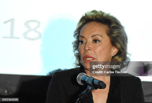 Elba Esther Gordillo speaks during a press conference at Hotel Presidente Intercontinental on August 20, 2018 in Mexico City, Mexico.