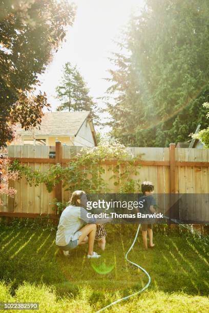 mother helping infant daughter stand in backyard while son waters plants on summer morning - family gardening stock-fotos und bilder