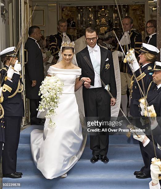 Crown Princess Victoria of Sweden, Duchess of Vastergotland and her husband Prince Daniel of Sweden, Duke of Vastergotland leave Storkyrkan Church...