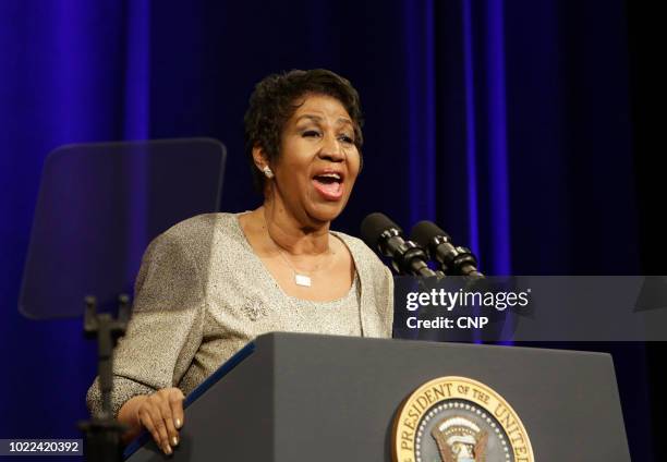 American singer Aretha Franklin performs at the Robert F Kennedy Department of Justice Building, Washington DC, February 27, 2015. She were there for...