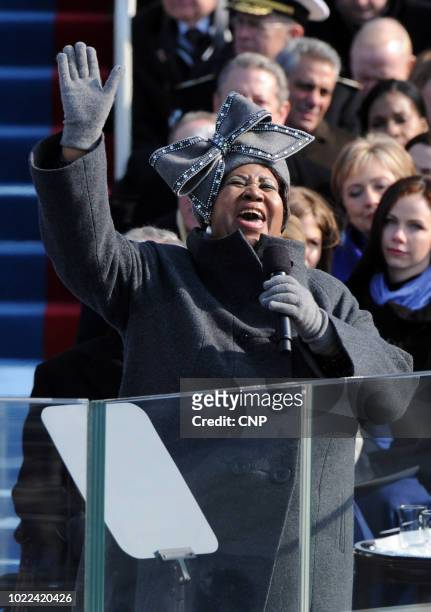 American singer Aretha Franklin performs at Barack Obama's Presidential Inauguration ceremony, Washington DC, January 20, 2009.