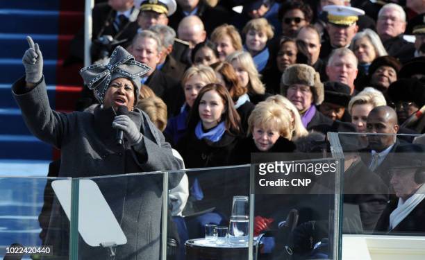 American singer Aretha Franklin performs at Barack Obama's Presidential Inauguration ceremony, Washington DC, January 20, 2009.