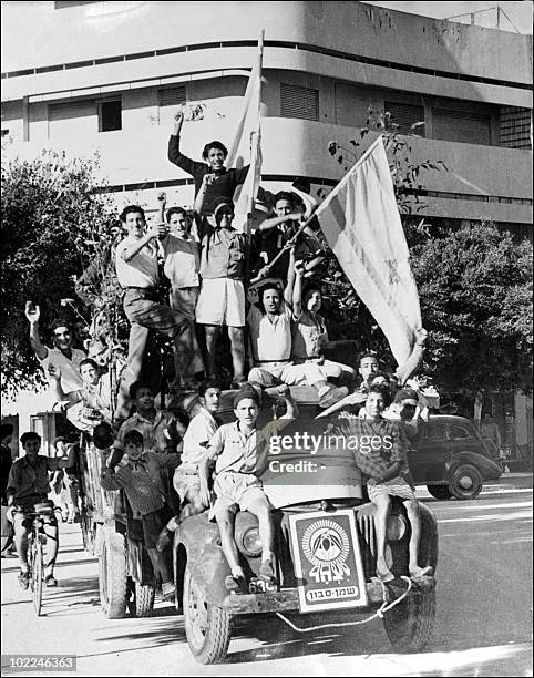 Young Jews celebrate 14 May 1948 in Tel Aviv the proclamation of a new state of Israel. Israel was founded 14 May 1948 in Tel Aviv by the Jewish...