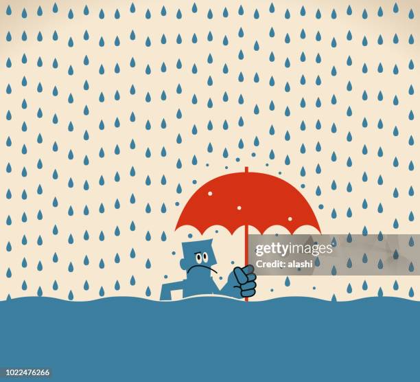 businessman with umbrella standing in a flood of rain - raindrop stock illustrations