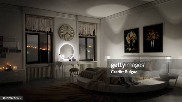 stylish bedroom interior - bedroom night stock pictures, royalty-free photos & images