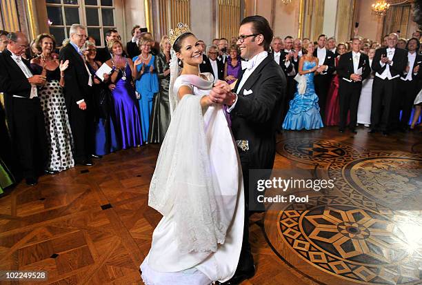 Crown Princess Victoria of Sweden and Prince Daniel, Duke of Vastergotland dance after the Wedding Banquet at the Royal Palace on June 19, 2010 in...