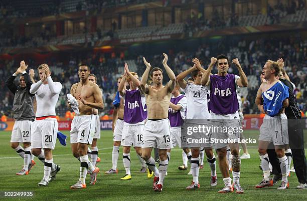 Rory Fallon of New Zealand and his team mates celebrate a draw in the 2010 FIFA World Cup South Africa Group F match between Italy and New Zealand at...