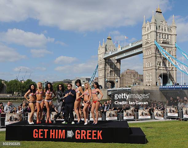 Rusell Brand and Jonah Hill attend a photocall to promote 'Get Him to the Greek' at Potters Field Park on June 20, 2010 in London, England.